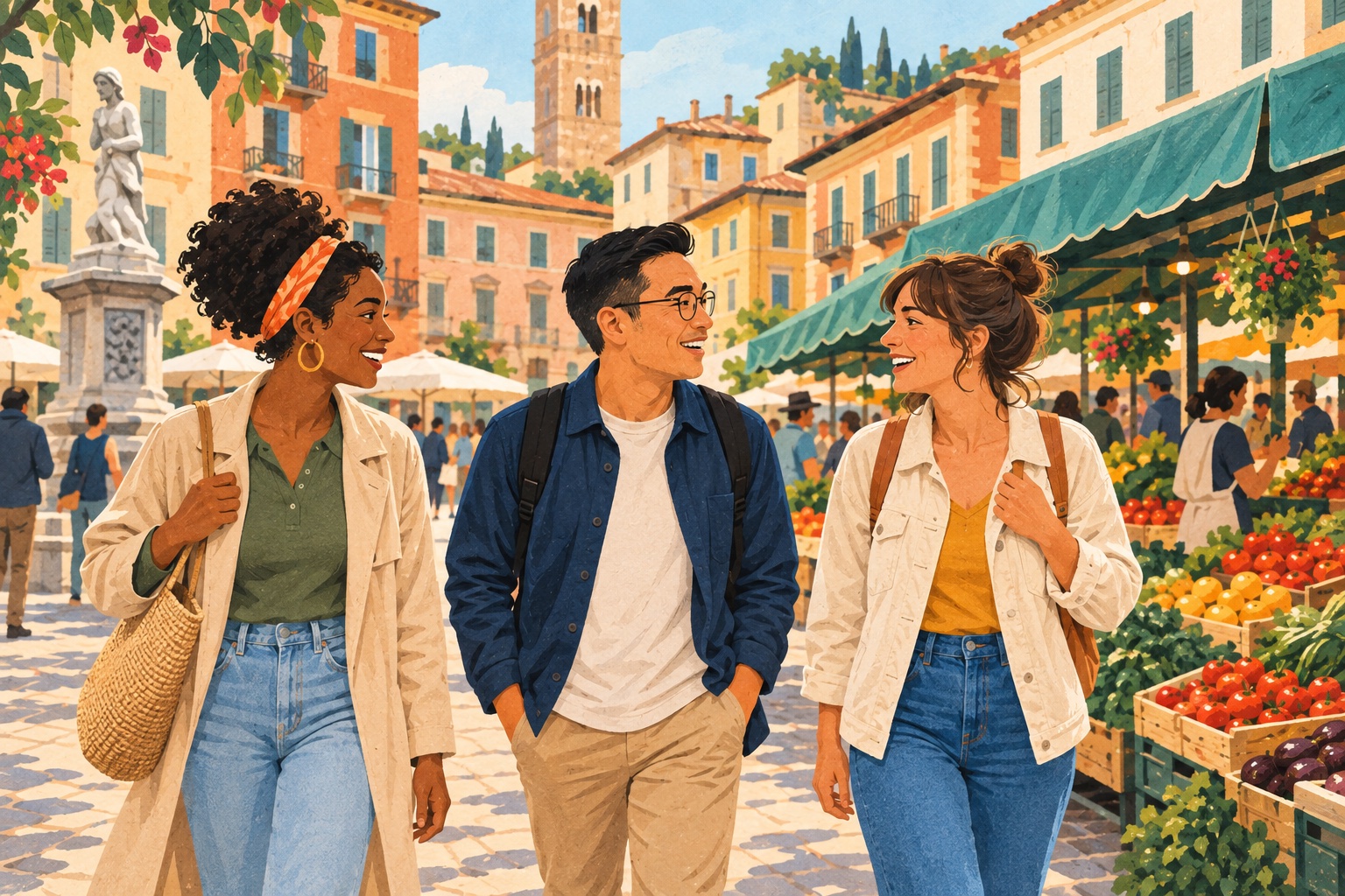 Three travelers talk while walking through a lively local market.