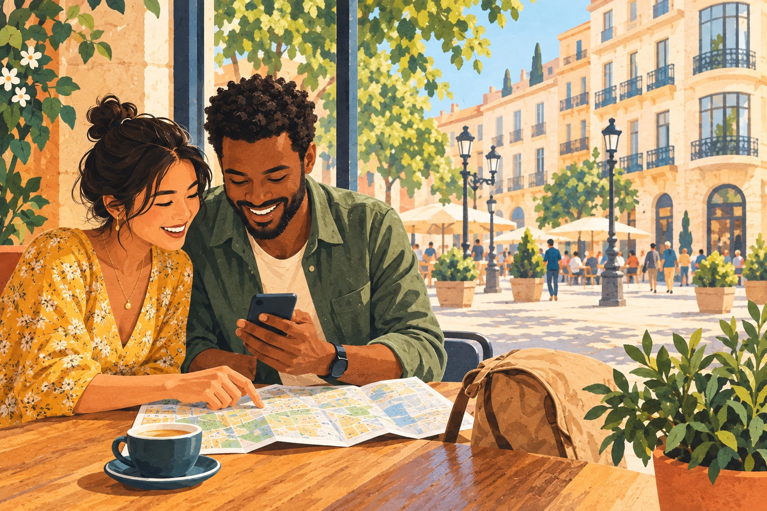 Two travelers smile while planning a day trip over a map in a cafe.